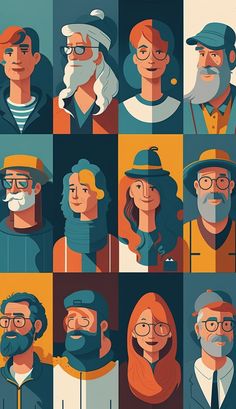 a series of portraits of people with different facial expressions and hair styles, all wearing hats