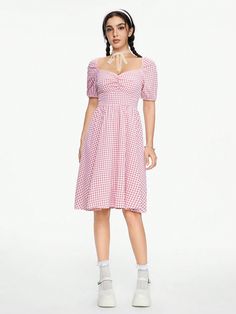 Women's Casual Plaid Sweetheart Collar Cinched Waist Dress, Summer Pink Casual  Short Sleeve Fabric Gingham A Line Non-Stretch  Women Clothing, size features are:Bust: ,Length: ,Sleeve Length: Cinched Waist Dress, Rose Bonbon, Vestido Casual, Kids Sleepwear, Kids Beachwear, Waist Dress, Cinched Waist, Dress Summer, Women's Casual