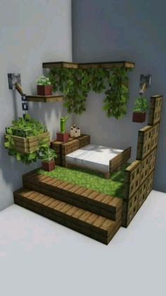 a bedroom with plants growing on the wall and bed made out of pallet wood