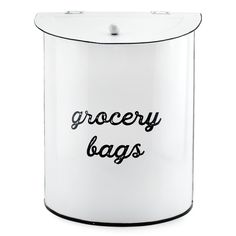 a white and black canister with the words grocery bags written in black on it