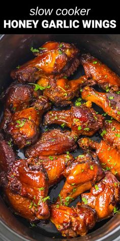 honey garlic wings in a crockpot Health Slow Cooker Meals, Slow Cooker Sticky Chicken Wings, Crockpot Recipes Wings, Wings Slow Cooker Recipe, Honey Garlic Chicken Wings Crockpot, Honey Bbq Wings Crockpot, Crockpot Sticky Wings, Chicken Wingettes Crockpot, Easy Crockpot Wings Recipe