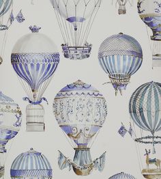 several blue and white hot air balloons are shown in this drawing by artist mark taylor