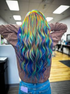 Prism rainbow hair color #prism #prismhair #rainbowhair #rainbow #prismcolor #holographic #holographichair #haircolor Prism Hair Color Technique, Rainbow Hair Highlights, Mint Green Hair Dye, Vivid Hair Color Ideas, Multicolor Hair, Pastel Rainbow Hair