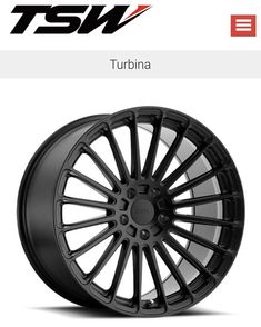 a black wheel with white spokes and the words tsw turbona on it