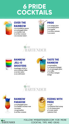 Pride Cocktails Pride Drink Recipes, Pride Month Cocktails, Rainbow Drinks Alcohol, Pride Cocktail Recipes, Colorful Alcoholic Drinks, Pride Drinks, Pride Cocktails, Cocktail Specials, Mixed Drinks Alcohol Recipes