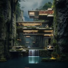 a waterfall in front of a building surrounded by greenery and rocks with lights on