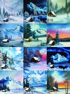 several pictures of snow covered mountains and trees in different stages of being painted with acrylic paint