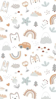 an animal themed wallpaper with various animals and rainbows on it's white background