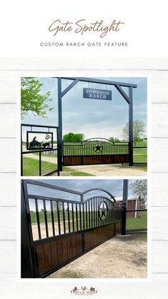 the gate is open and ready to be used as an entrance for a horse ranch