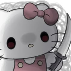 a cartoon hello kitty holding a knife and wearing a pink dress with bows on it's head