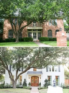 two pictures of a house with trees in the front yard