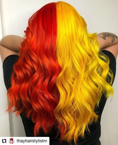 Yellow And Red Hair, Red And Yellow Hair, Split Dye Hair, Weird Haircuts, Split Dye