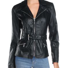 Brand New With Tags Guess Teona Faux-Leather Jacket Belted Lightweight Full Zip Size Medium M New Spring Leather Jacket With Zipper For Office, Spring Leather Jacket For Office, Spring Office Leather Jacket With Zipper, Edgy Fitted Outerwear For Office, Chic Leather Jacket With Zipper For Office, Fall Office Biker Jacket With Zipper Closure, Sleek Belted Leather Jacket For Fall, Fitted Biker Jacket With Belt For Spring, Belted Leather Outerwear For Night Out