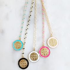 A pop of color always makes an outfit stand out! Pick your favorite color these quarter-size coins that have the Benedictine cross on them surrounded by an enamel color hangs off of a beautiful delicate beaded necklace—measuring 16 inches. Being blessed is beautiful and what we are with the love of God. And blessed is she who believed that there would be a fulfillment of what was spoken to her by the Lord. Luke 1:45 Blessed Is She Who Believed, Luke 1 45, Pinky Promise Ring, Necklace Stack, Preppy Jewelry, Blessed Is She, Beach Stuff, The Love Of God, Luke 1