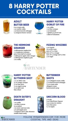 the ultimate harry potter cocktails info sheet is shown in blue and white, with instructions for