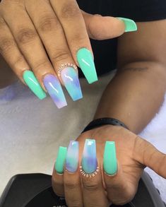 Tie Dye Nails Acrylic, Nails Acrylic Green, Tie Dye Nails, Colorful Nails, Blue Nail, Nail Swag