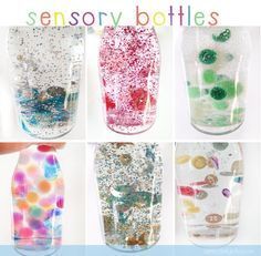 there are many different bottles with bubbles in them