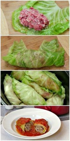 lettuce wraps with meat and tomato sauce on them are ready to be cooked