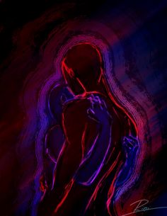 an abstract painting of a person hugging each other with red and purple light in the background