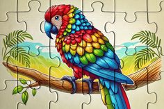 a colorful parrot sitting on top of a tree branch next to a piece of puzzle