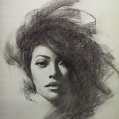 a pencil drawing of a woman's face with hair blowing in the wind and her eyes closed