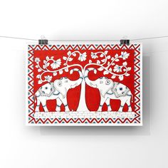 two elephants standing next to each other in front of a red background with white flowers