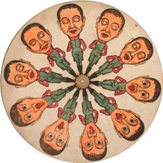 a group of men standing in a circle with their faces painted on the same wall