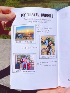 someone holding up a travel book with pictures on it