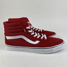 Vans Filmore Hi Sneakers Suede/Canvas Chili Pepper Red Lace Up Mens Size 11 Brand New In Partial Box, No Box Top Red Fire Vans, Vans Lace-up Skate Shoes With Red Sole, Vans Sneakers In University Red For Streetwear, Red Vans Sneakers With Rubber Sole, Red Lace-up Vans Sneakers, Vans University Red Lace-up Sneakers, Vans Sneakers University Red Round Toe, Red Vans Skate Shoes With Red Sole, Red Vans Sneakers With Red Sole