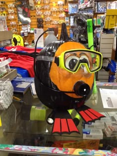 a helmet and goggles on display in a store