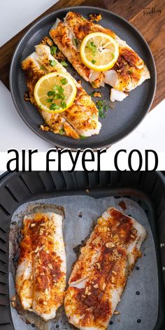 there are two different types of air fryer food in the same pan and one has lemons on it