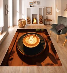 there is a cup of coffee on the table in this living room with wood flooring