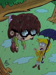 two children playing in the rain with an umbrella and one is jumping off a tree