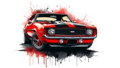 an old muscle car painted in red and black