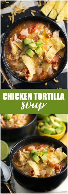 chicken tortilla soup in a black bowl