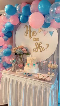 a table topped with a cake and balloons next to a sign that says hey or she?