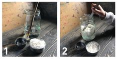 two pictures showing how to make rice in a mason jar