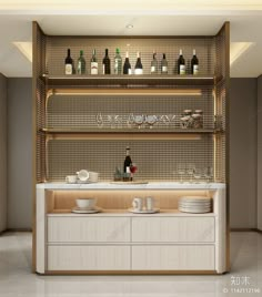 the shelves in this kitchen are filled with wine bottles and dishes, along with empty plates