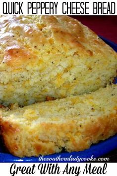 a close up of bread on a plate with the words quick peppery cheese bread