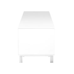 a white table with one drawer on the top and two legs at the bottom, against a white background