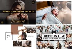 multiple images of people in love with the words'perfect wedding presets '