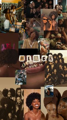 collage of black women with afros and hair styles in various photos, including one woman's face