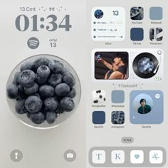 a bowl of blueberries sitting on top of a table next to an iphone screen