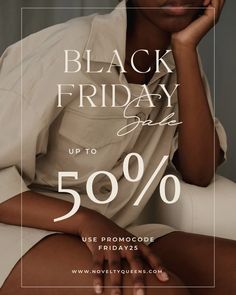 a black friday sale ad featuring a woman in white shirt and shorts with her hand on her chin