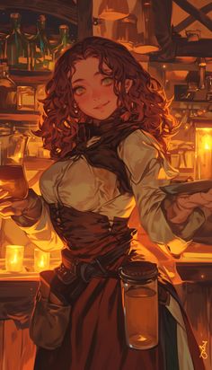 Tavern Keeper Character, Dnd Tavern Keeper, Dnd Librarian, Dungeons And Dragons Character Design, Tavern Art, Npc Dnd, Bar Maid