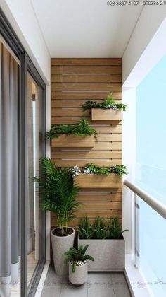 two planters on the side of a building with wooden slats and plants in them