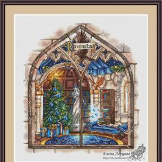 a cross stitch christmas scene with a tree and presents