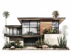 an architectural rendering of a modern house with palm trees in the front and side windows