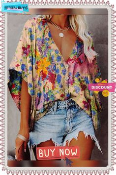 Women's V-neck Batwing Sleeve Digital Printing Blouses Casual Floral Print V-neck Top For Summer, Spring Printed V-neck Tops, Spring V-neck Printed Tops, Casual Summer V-neck Top With Floral Print, Multicolor Floral Print V-neck Blouse, Fall Beach V-neck Blouse, Spring Split Neck Tops, Fall Vacation Tops With V-neck, Summer Printed Tops With Split Neck