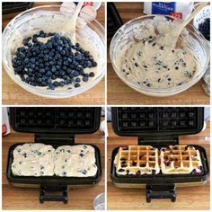 four pictures showing how to make blueberry waffles